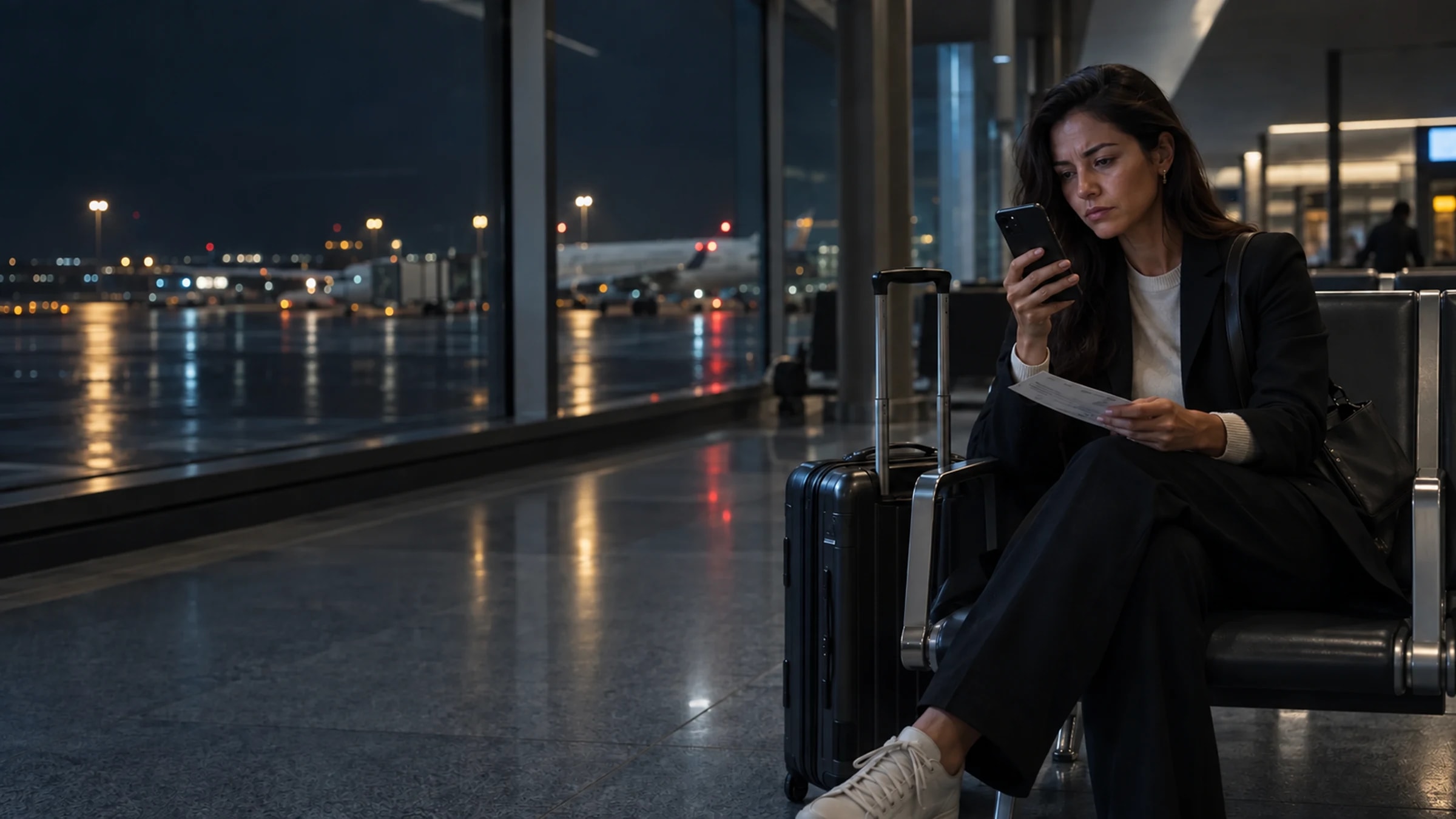 Passageira aguardando no aeroporto após receber a notícia do cancelamento de um voo