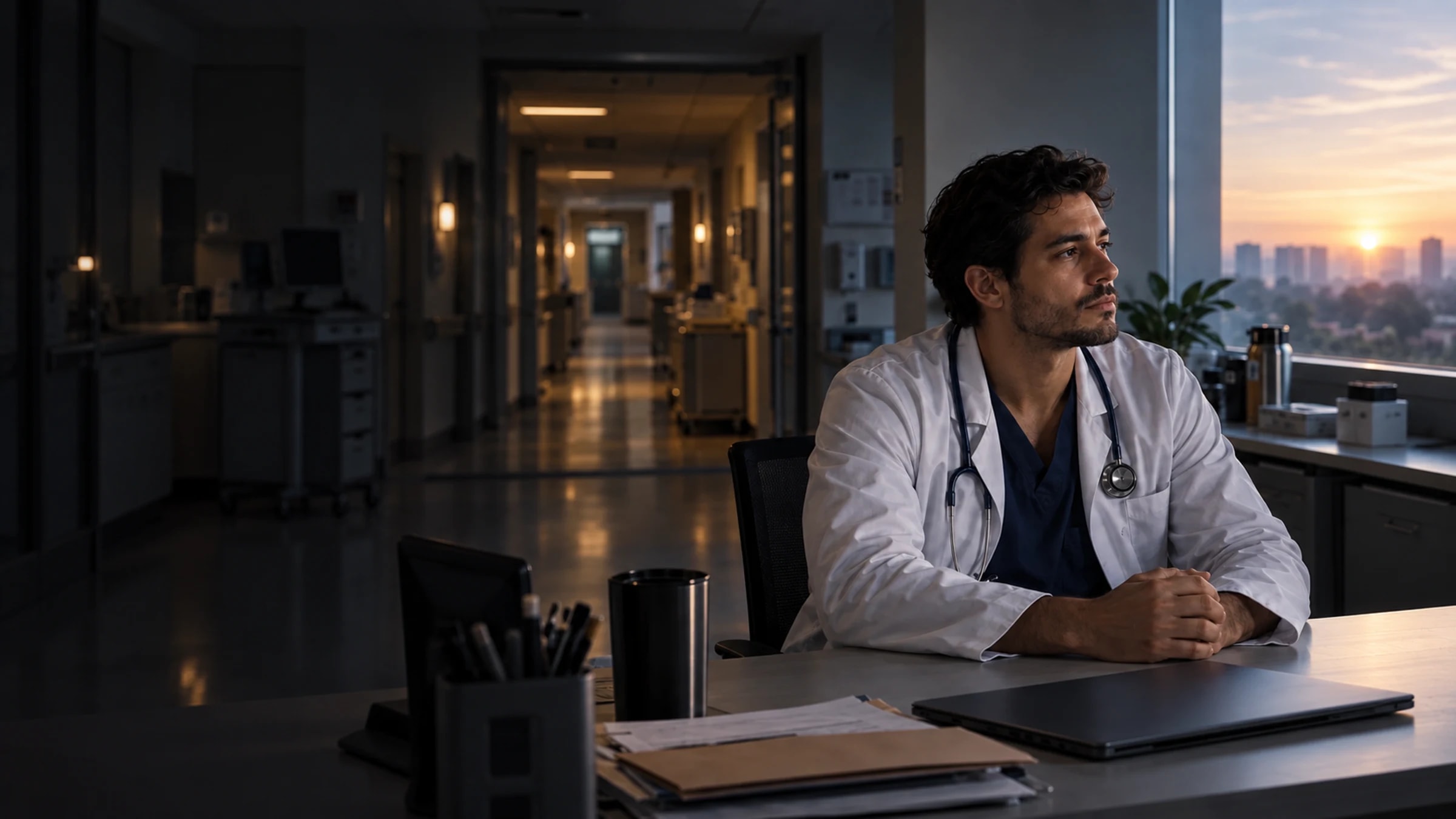 Médico ao final de um plantão, sentado diante de documentos e de um notebook
